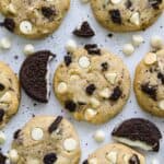 Cookies and Cream Cookies with pieces of Oreos and white chocolate chips.