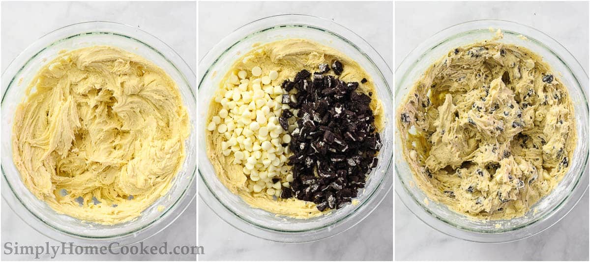 Steps for making Cookies and Cream Cookies, including mixing all the ingredients together before adding the Oreo pieces and white chocolate chips, and then mixing it all together one more time.