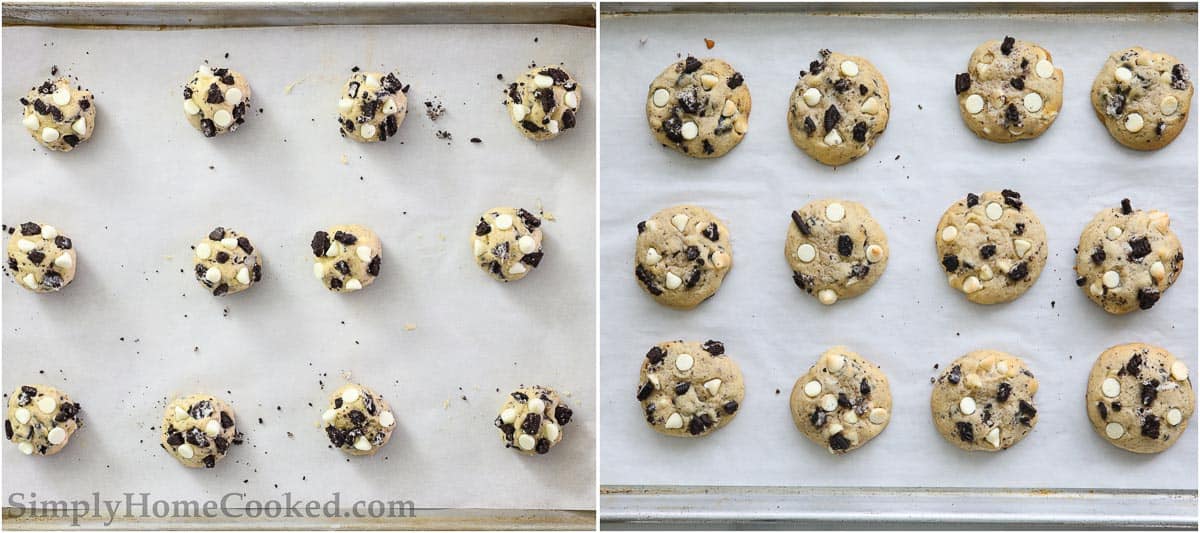 Steps for making Cookies and Cream Cookies, including scooping out the dough into balls and then baking them on a parchment paper lined baking sheet.