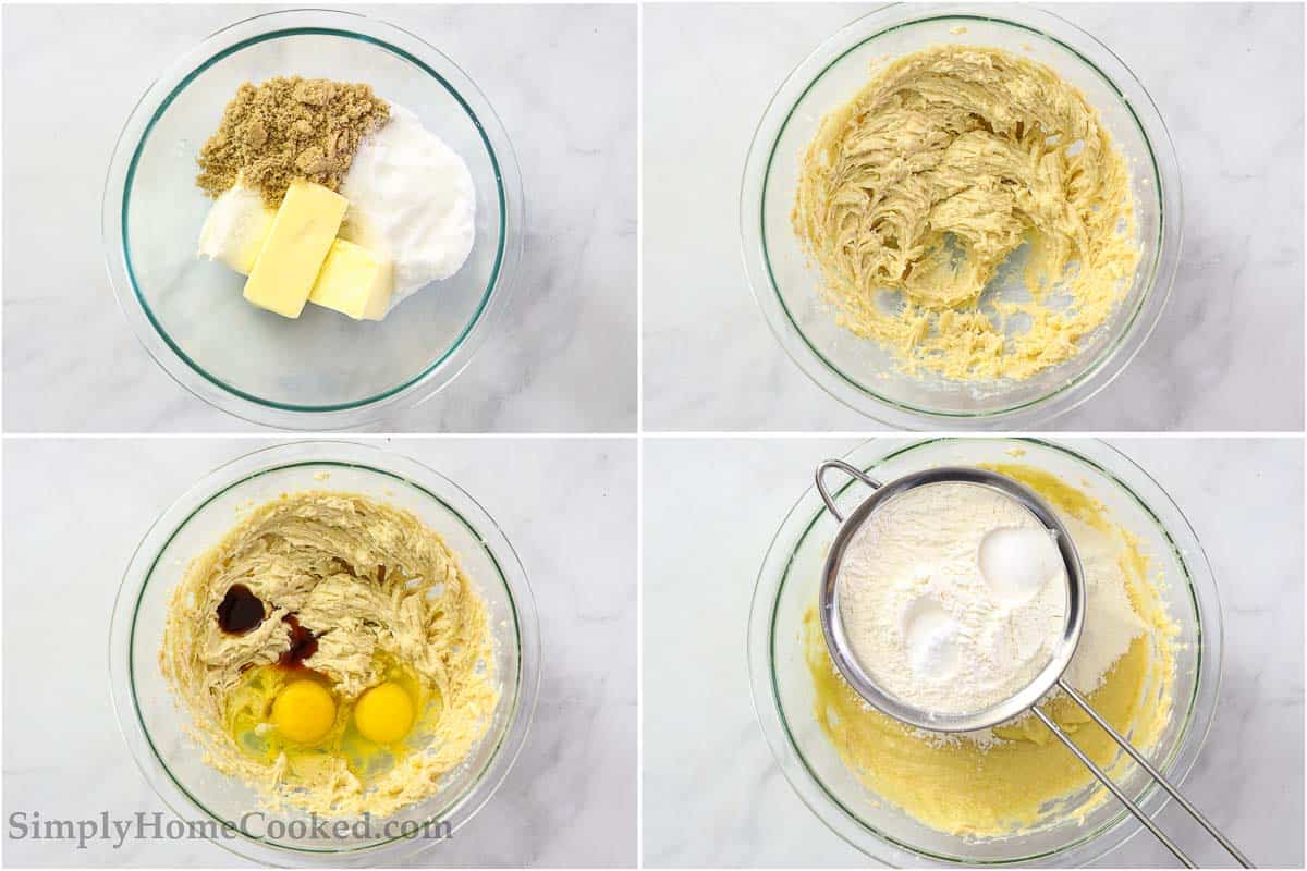 Steps for making Cookies and Cream Cookies, including creaming the sugars and butter and cream cheese together and then adding the eggs and vanilla, before finally sifting in the dry ingredients.