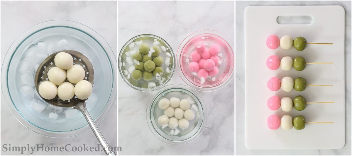 Steps to make Easy Hanami Dango, including placing the cooked rice balls in ice water to cool before placing them on skewers.