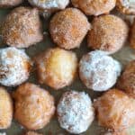Homemade Donut Holes in 3 flavors - cinnamon sugar, glaze, and powdered sugar.