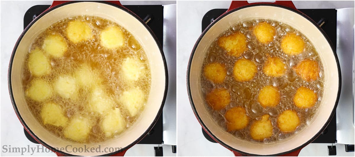 Steps for making Homemade Donut Holes, including frying the scoops of donut dough in hot oil until golden brown.