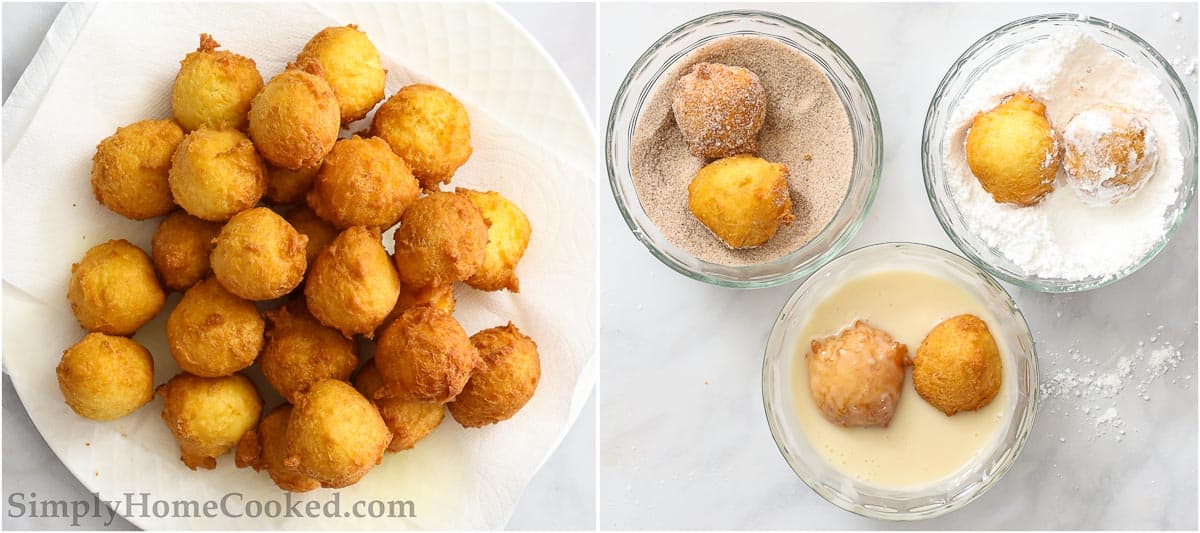 Steps for making Homemade Donut Holes, including letting the donut holes cool on paper towels to absorb excess oil and then rolling and dipping them in the 3 flavors.