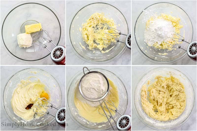Steps to make Easy Cream Cheese Cookies, including creaming the butter and cream cheese, then adding the sugar, egg, and vanilla, and then mixing in the rest of the dry ingredients.