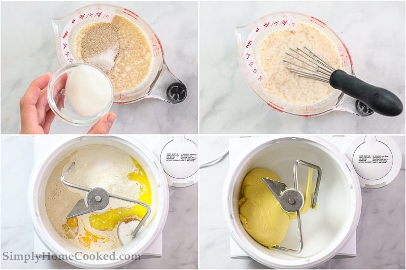 Steps to make Perfect Sugar Donuts, including whisking and frothing the yeast, then adding the dough ingredients and mixing in a stand mixer.