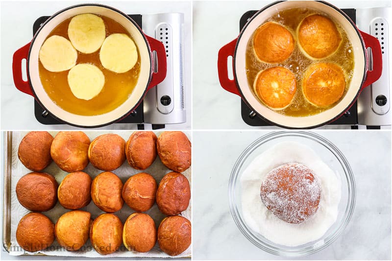 Steps to make Perfect Sugar Donuts, including frying the donuts in oil, then letting them cool before covering them in sugar.