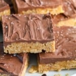 close up image of a homemade special k bars with chocolate and salt on top