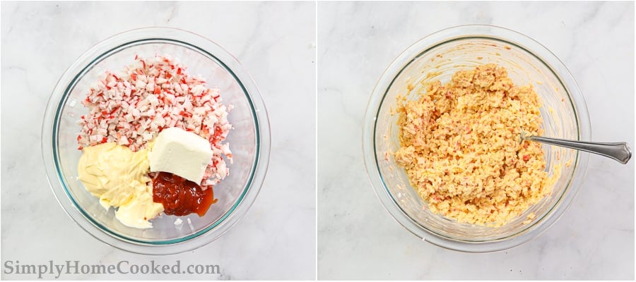 Steps to make crab filling for Easy Sushi Bake, including mixing the ingredients together with a spoon until combined.