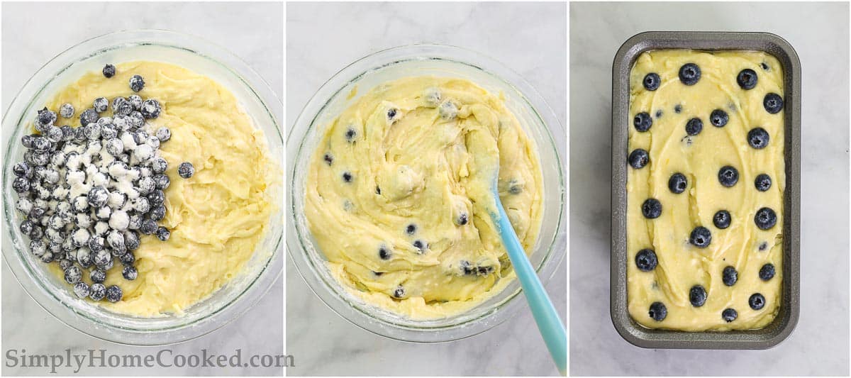Steps for making Blueberry Bread, including adding the blueberries to the batter and then topping the loaf with blueberries before baking.