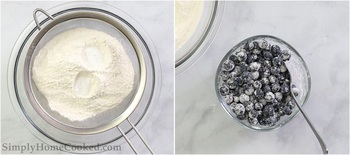 Steps for making Blueberry Bread, including sifting the dry ingredients and dusting the blueberries with the flour mixture.