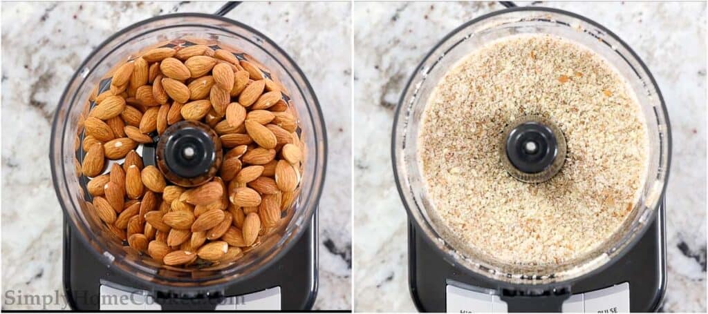 overhead image of almonds in a food processor