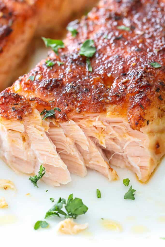 close up image of flaky air fryer salmon