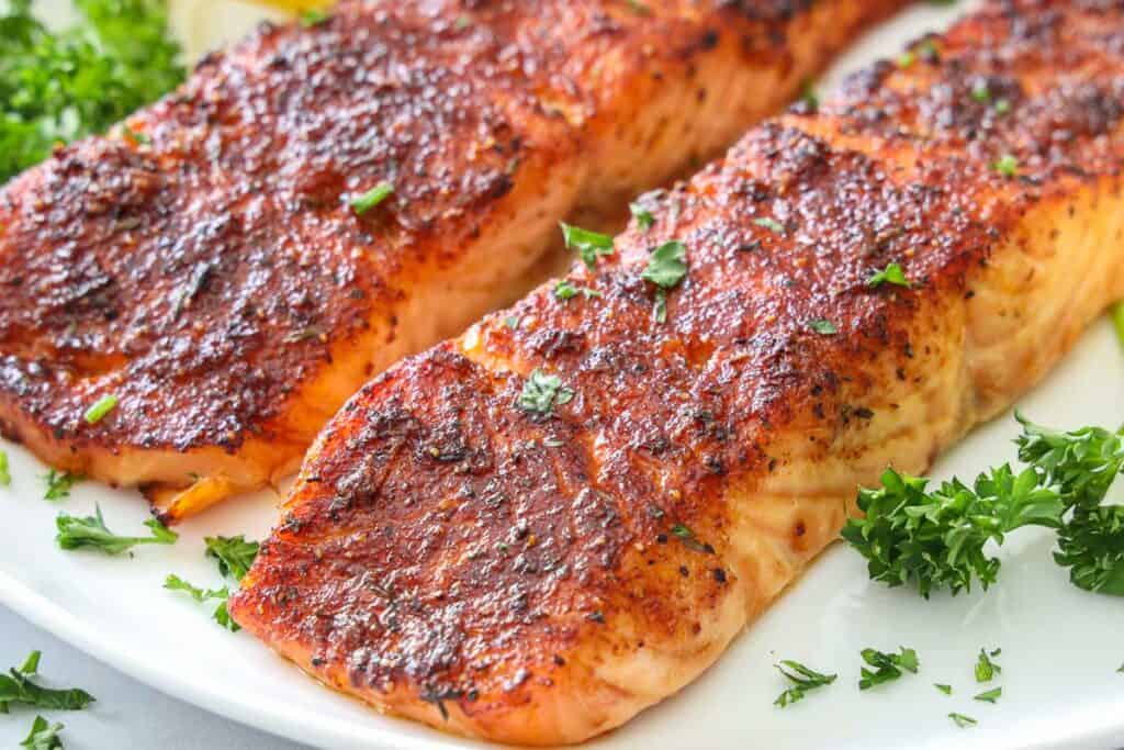 close up image of cooked air fryer salmon