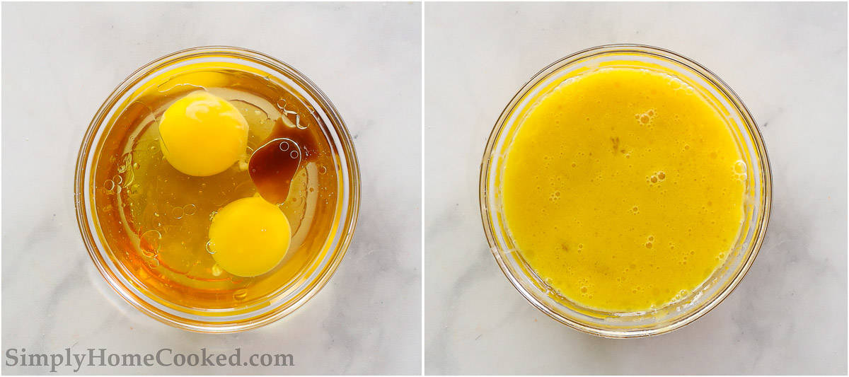 Steps to make Almond Flour Pancakes, including mixing the eggs, vanilla, honey, and oil in a bowl.