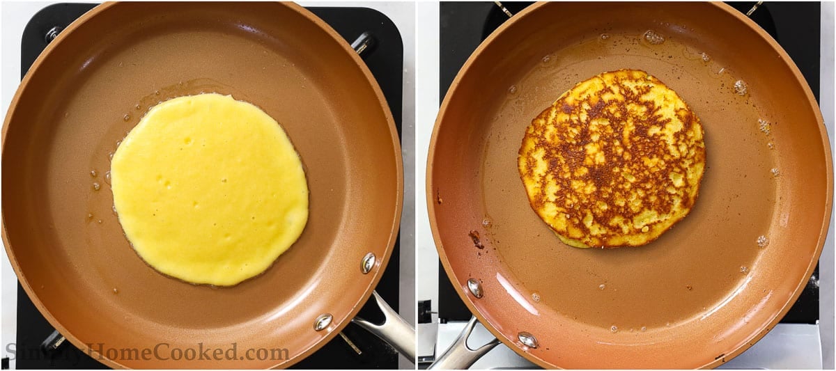 Steps to make Almond Flour Pancakes, including cooking the batter on a skillet until browned.