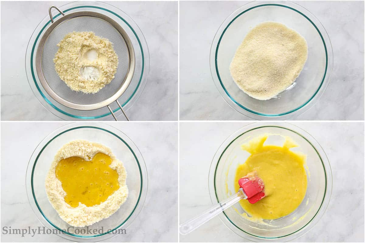 Steps to make Almond Flour Pancakes, including sifting the almond flour, salt, and baking powder into a bowl and then mixing in the wet ingredients.