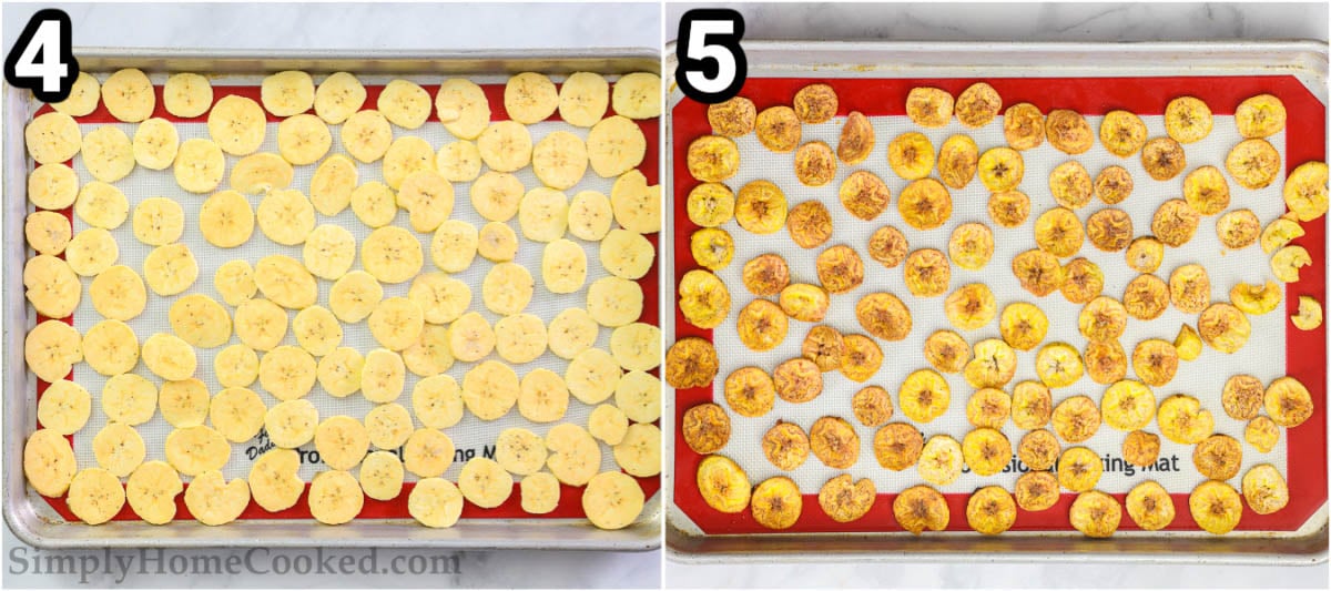 Steps to make Baked Plantain Chips: arrange the seasoned plantain chips on the baking sheet and bake. 