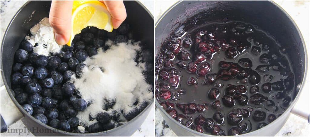 How to make Blueberry Pie Filling, including adding ingredients to a pan and cooking them.