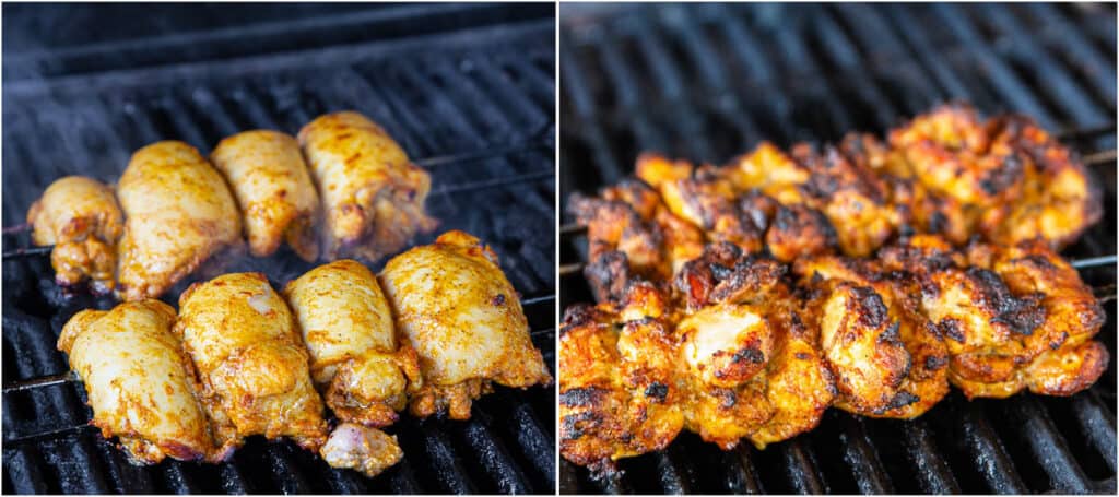 Steps to make Chicken Shawarma, including grilling the skewered meat on the grill.