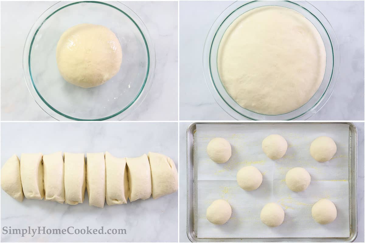 Steps to make New York Bagels, including letting the dough rise and then dividing it.