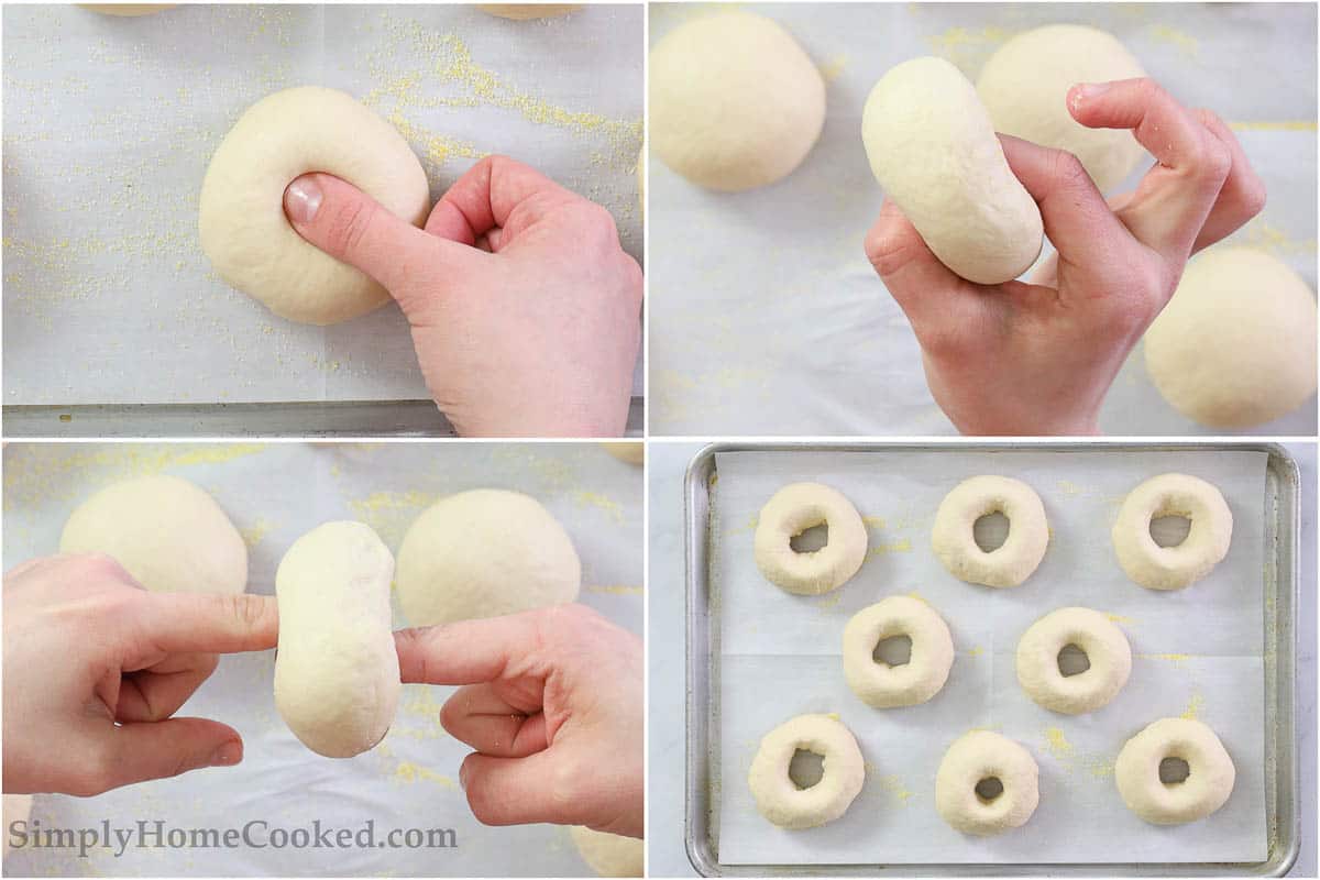 Steps to make New York Bagels, including molding the bagels into shape.