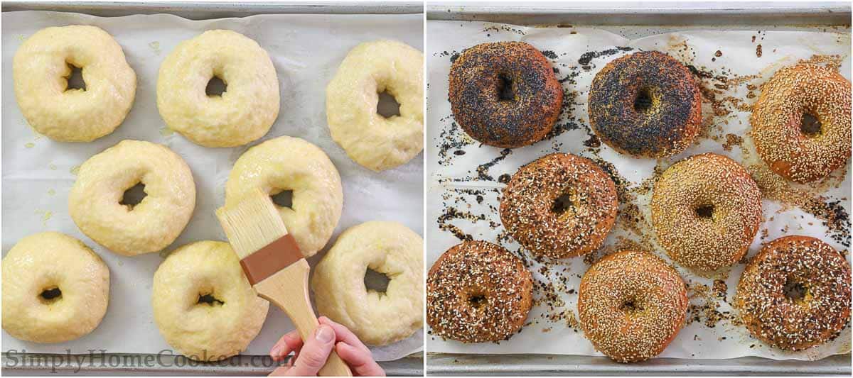 Steps to make New York Bagels, including applying an egg wash, sprinkling with toppings, and baking them.