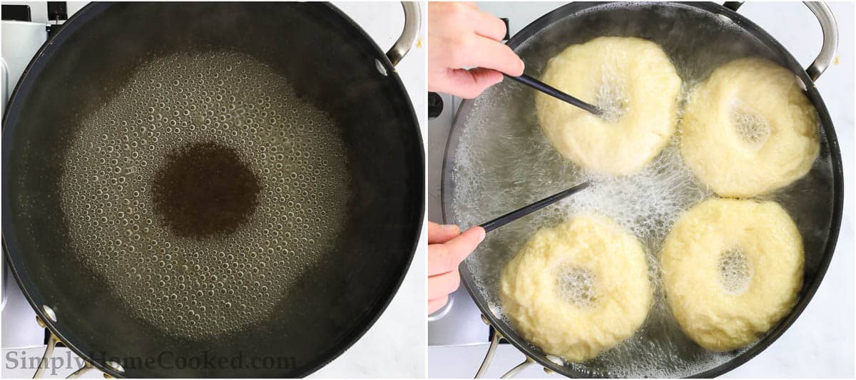 Steps to make New York Bagels, including boiling the bagels.