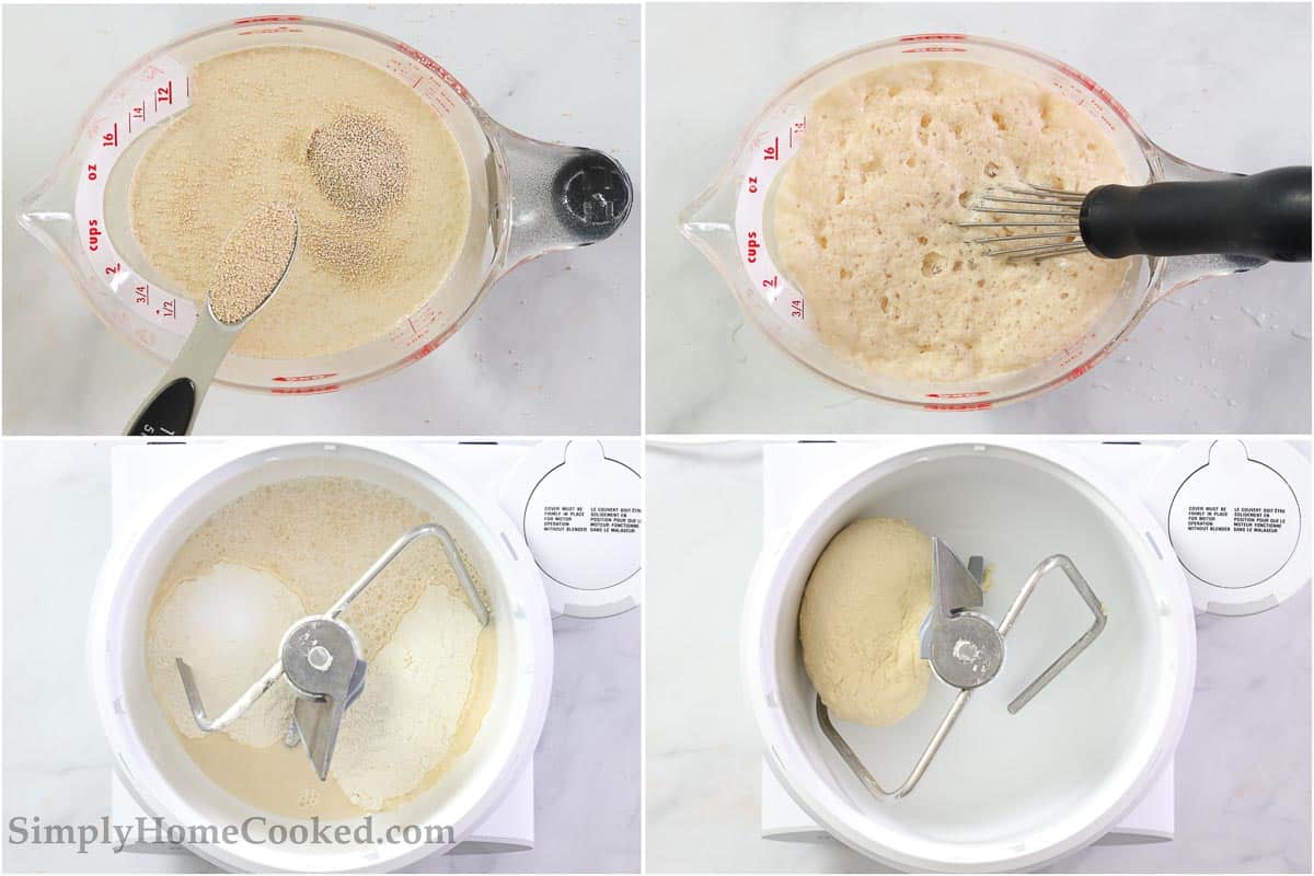 Steps to make New York Bagels, including frothing the yeast and then kneading the dough in a stand mixer.