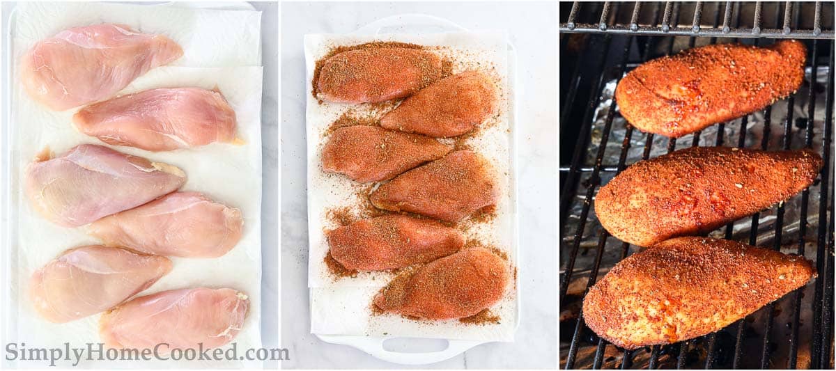 Steps to make Smoked Chicken Breast, including patting the chicken dry, seasoning it, and then smoking it.