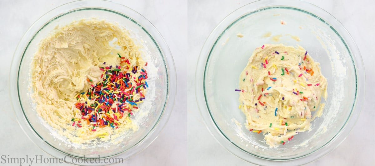 Steps to make Edible Sugar Cookie Dough, including adding the milk, vanilla, salt, and sprinkles and mixing them together.
