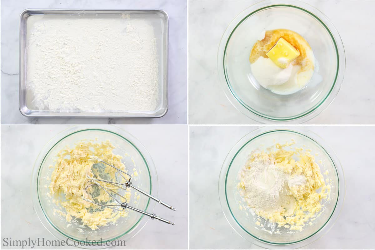 Steps to make Edible Sugar Cookie Dough, including baking the flour, creaming the butter and sugar, and then mixing them together.