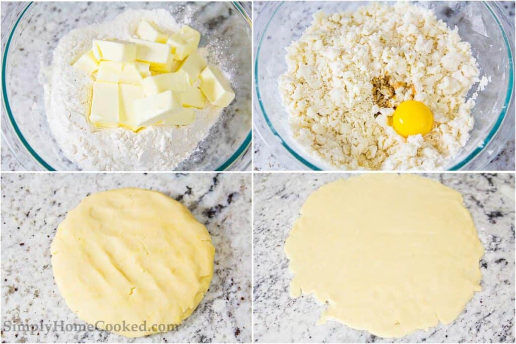 Steps to make a Bakewell Tart, including mixing the dough and then chilling it before rolling it out.