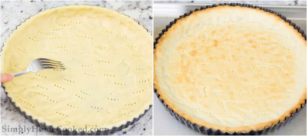 Steps to make a Bakewell Tart, including forming the tart shell, poking holes it with a fork and then baking it.