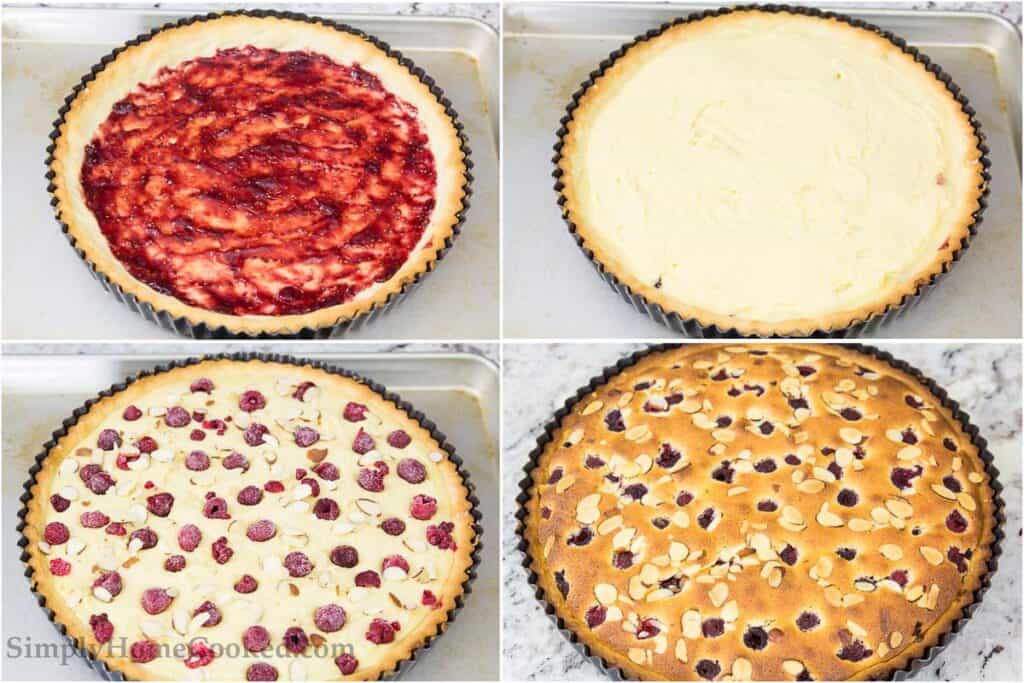 Steps to make a Bakewell Tart, including filling it with raspberry jam, the filing and raspberries and sliced almonds before baking.