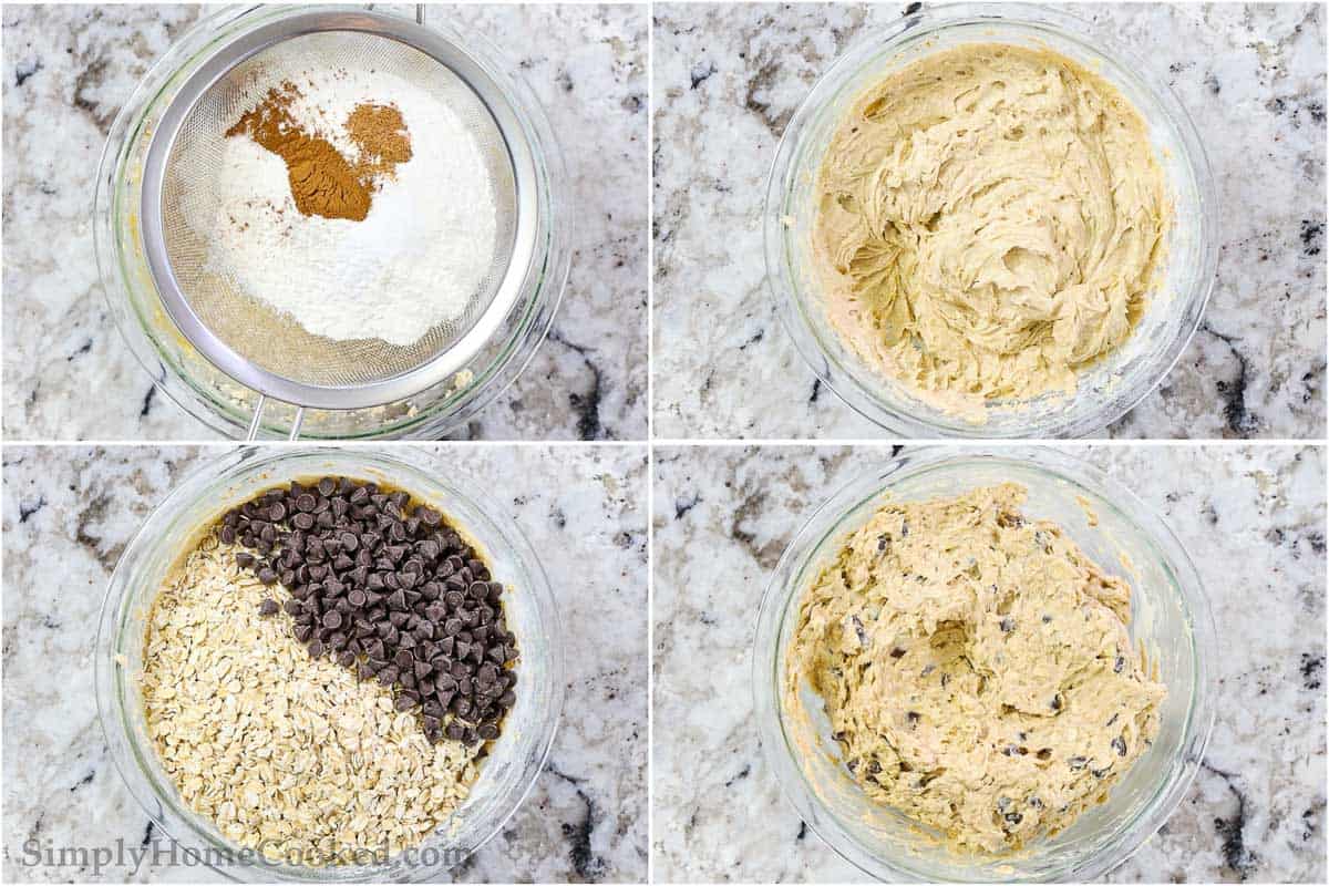 4 image collage of adding dry ingredients to banana oatmeal cookie dough.