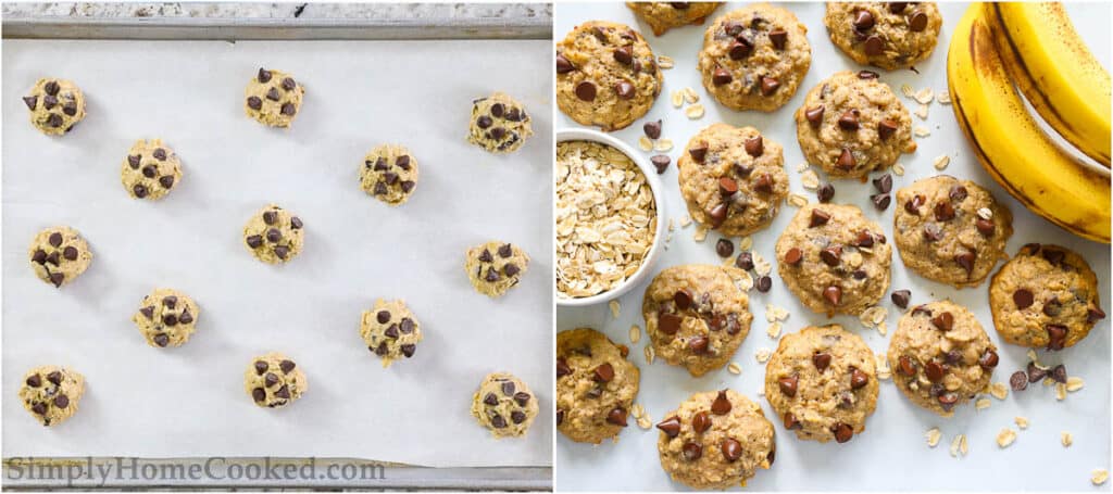 overhead image collage of banana oatmeal cookies unbaked and baked