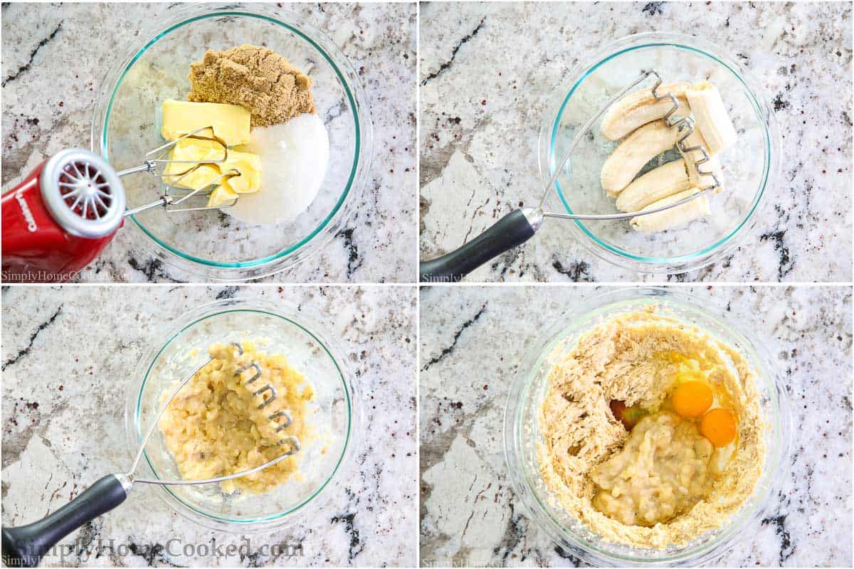 overhead image collage of steps to make banana oatmeal chocolate chip cookies in one bowl