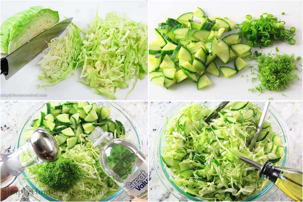 Steps to make Cabbage Cucumber Salad, including chopping the vegetables, and adding the dressing, then mixing to combine.