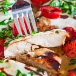Horizontal image of a forkful of Chicken Caprese