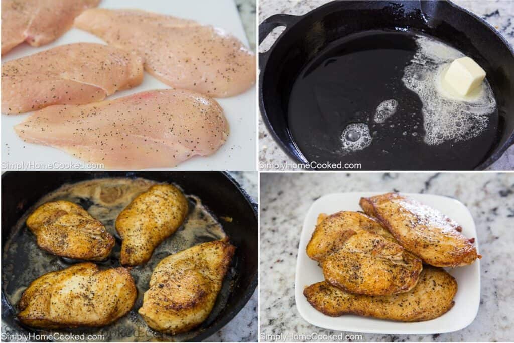 Steps to make Chicken Caprese, including seasoning and cooking the chicken in butter and oil in a cast iron skillet.