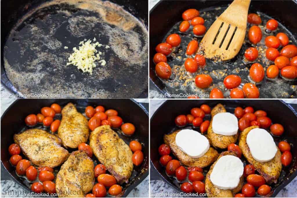Steps to make Chicken Caprese, including sauteing the garlic, tomatoes, and then adding the chicken and cheese to melt.