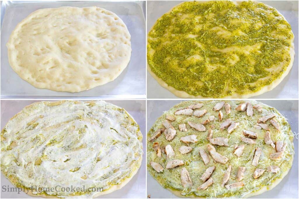 Steps for making Chicken Pesto Pizza, including spreading out the dough, adding the sauce, cheese, and chicken, and baking.