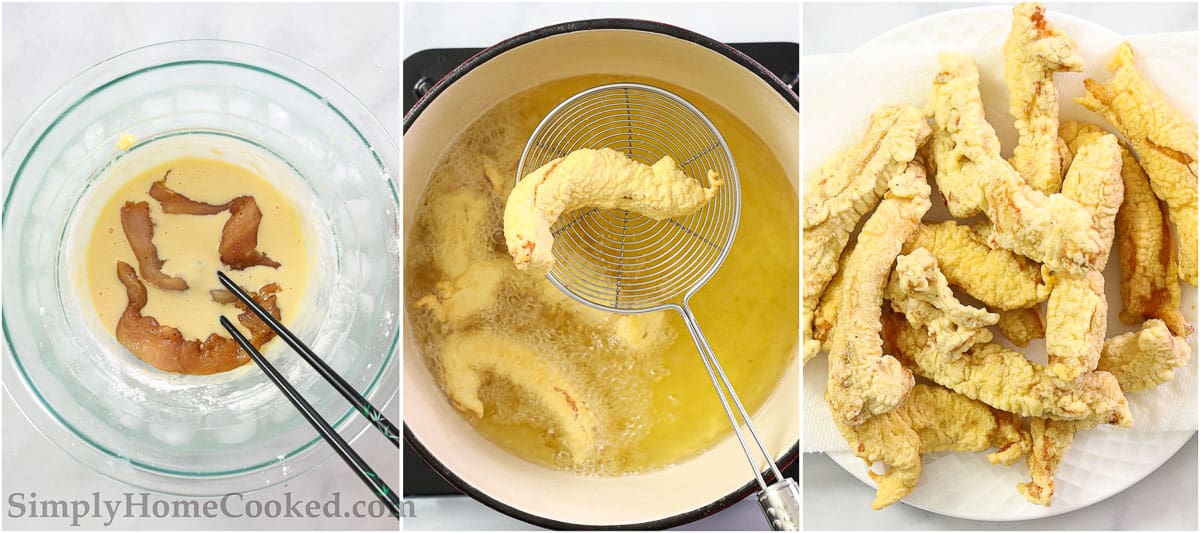 Steps to make Chicken Tempura, including battering and frying the chicken.
