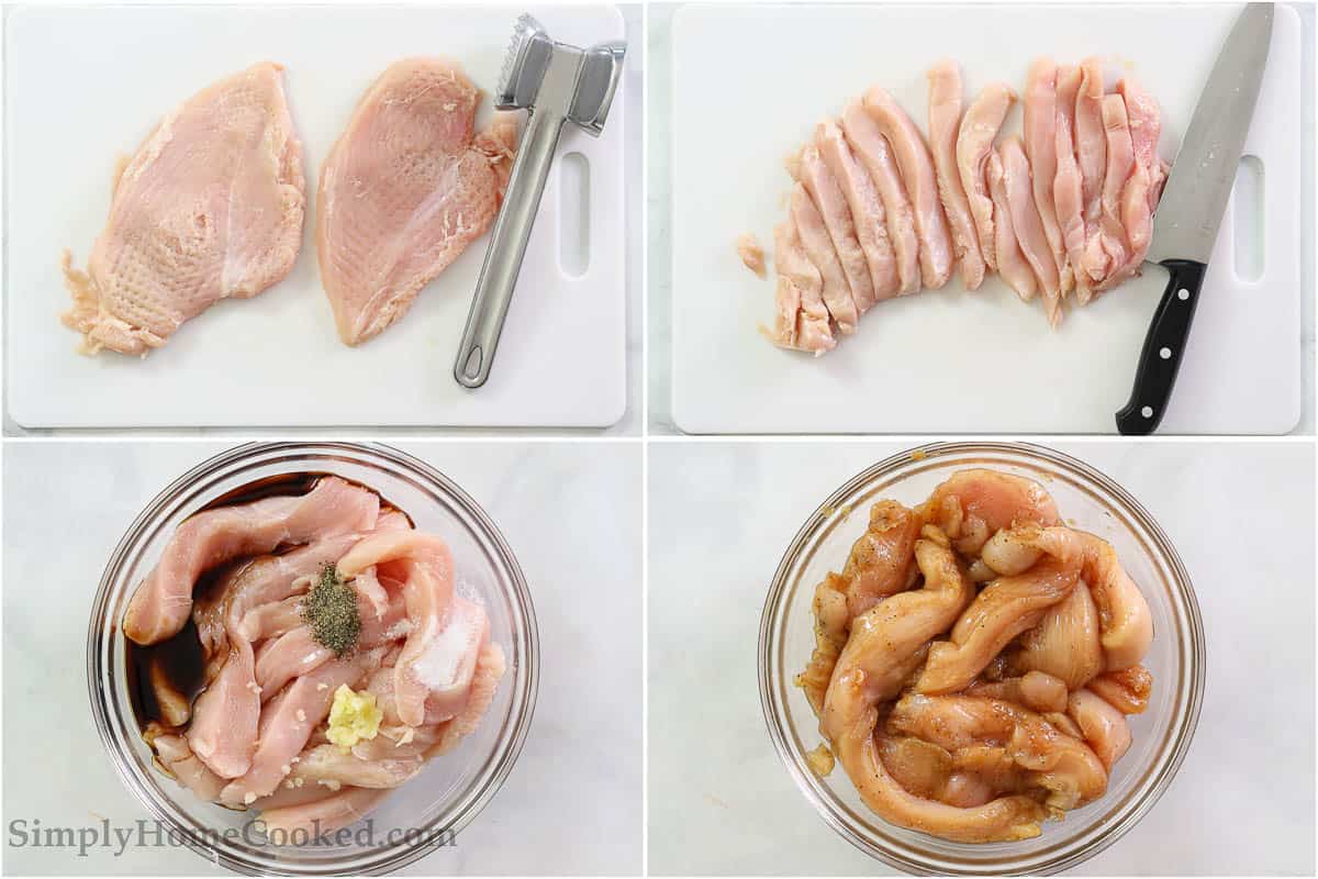 Steps to make Chicken Tempura, including pounding and slicing the chicken, then marinating it.