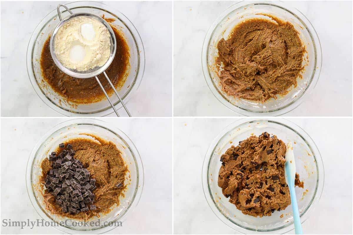 Steps to make Coconut Flour Cookies, including sifting in the dry ingredients and then mixing the chocolate chunks into the cookie dough.