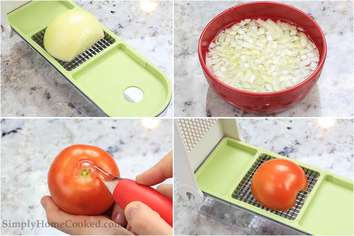 Steps to make Guacamole, including grating the onion, soaking it, then coring and dicing the tomato.