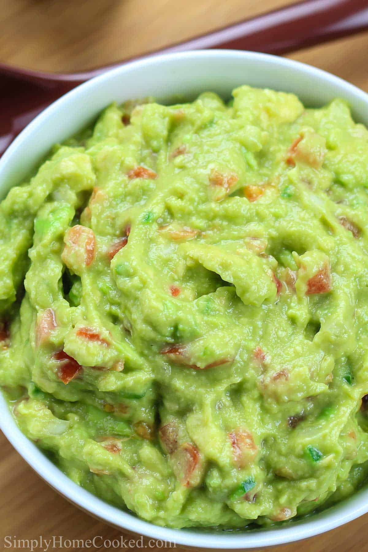 Overhead view of Guacamole in a white bowl 