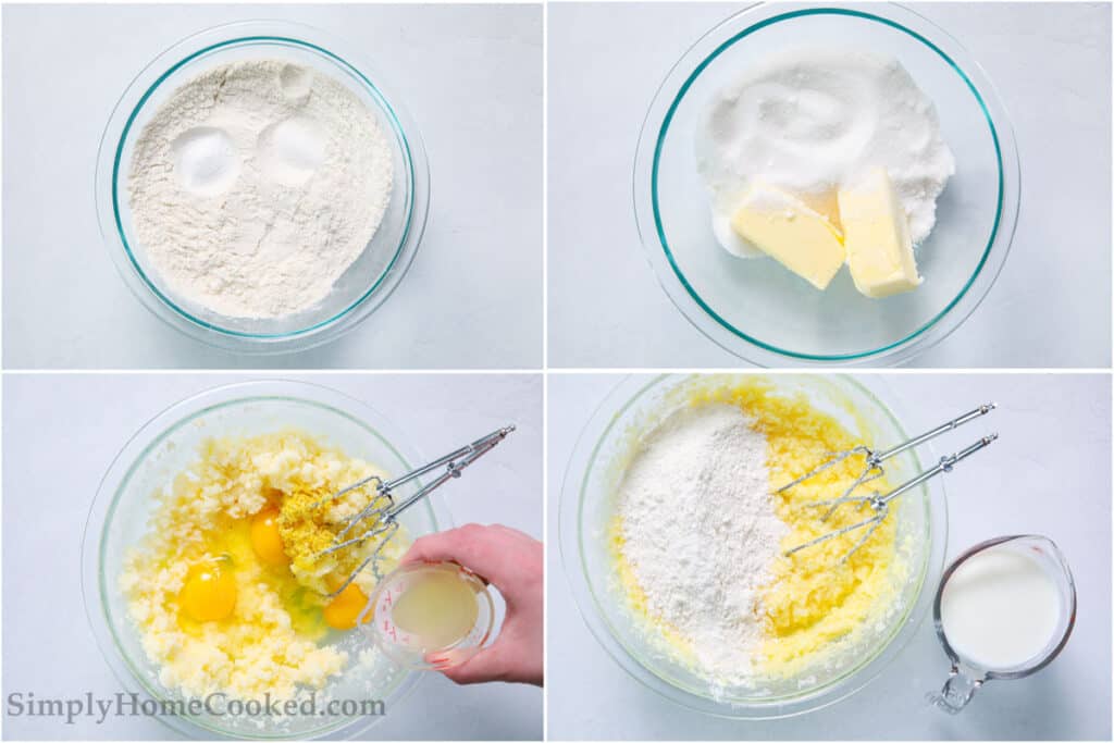 4 image collage on how to make lemon pound cake from scratch