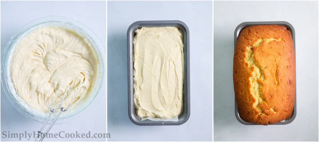 3 image collage with steps showing how to make lemon pound cake and filling the loaf pan with batter